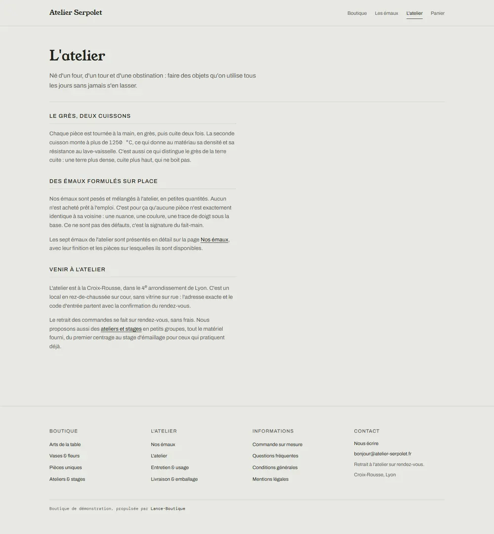 Atelier Serpolet : page de présentation de l'atelier de céramique sur ordinateur
