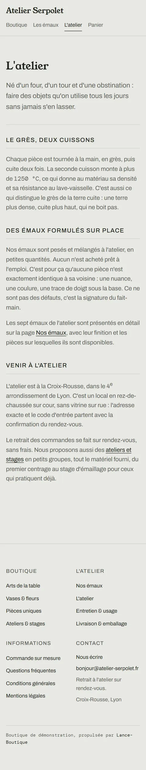 Atelier Serpolet : page de présentation de l'atelier de céramique sur mobile