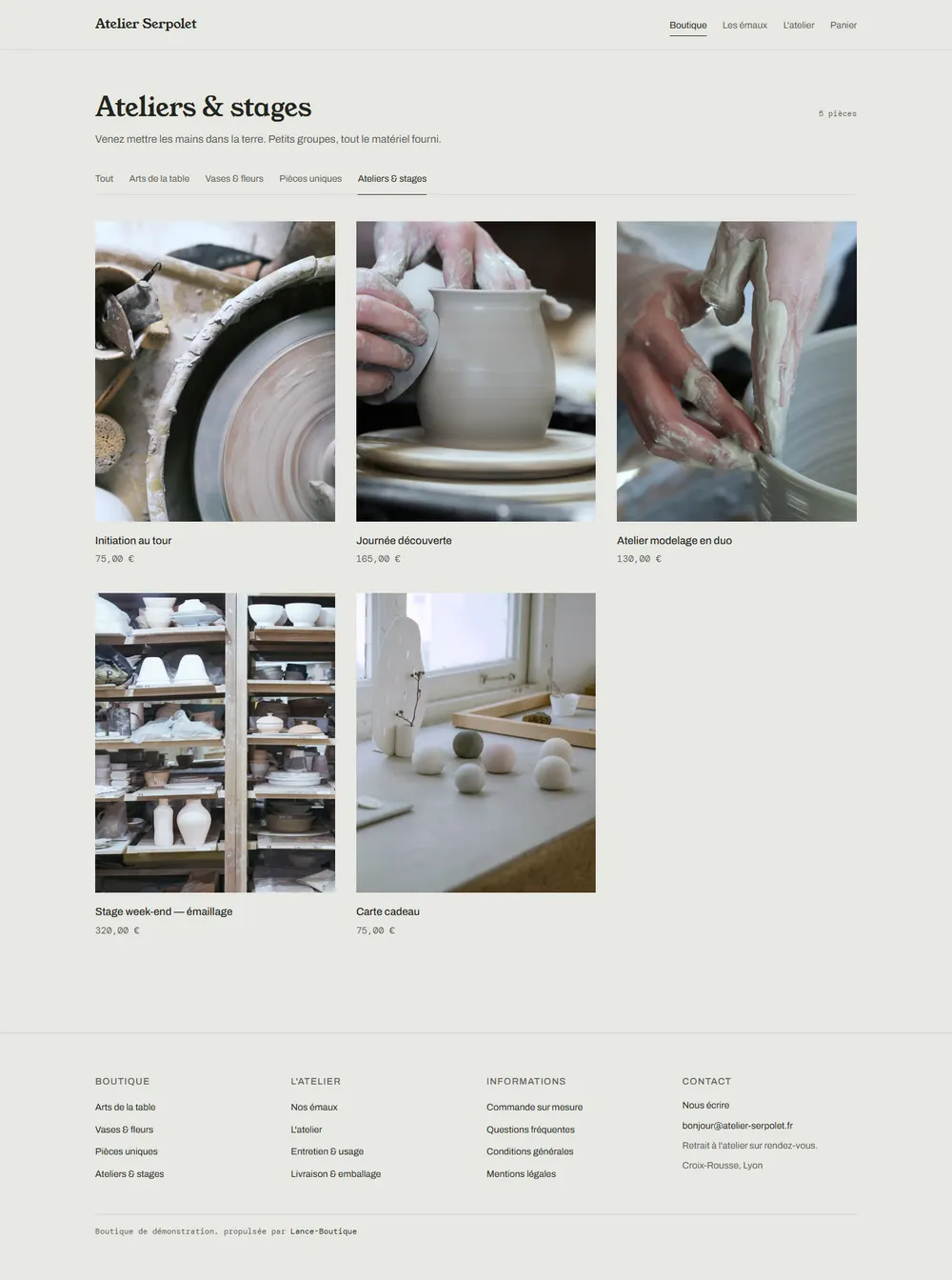 Atelier Serpolet : catalogue des cours et stages de l'atelier, réservables comme des produits sur ordinateur
