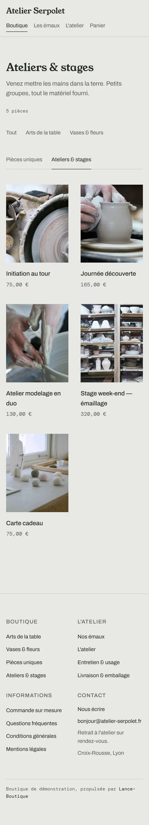 Atelier Serpolet : catalogue des cours et stages de l'atelier, réservables comme des produits sur mobile