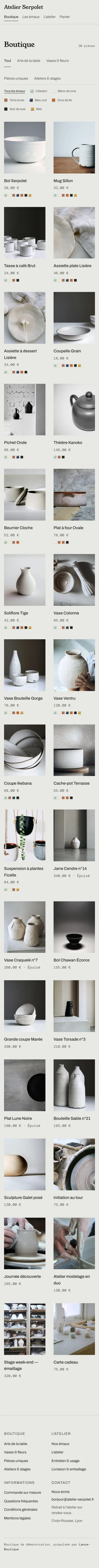 Atelier Serpolet : catalogue Atelier Serpolet avec ses filtres par famille de pièces et par émail sur mobile