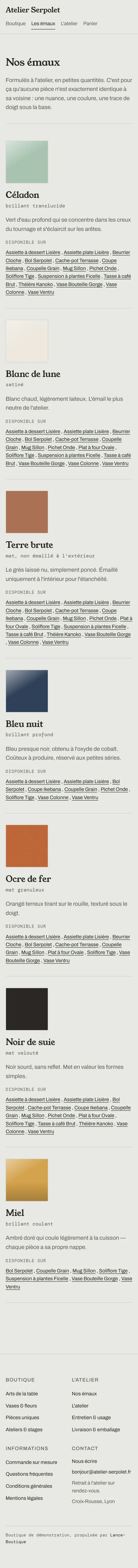 Atelier Serpolet : nuancier des émaux de l'atelier, présenté comme une page éditoriale sur mobile