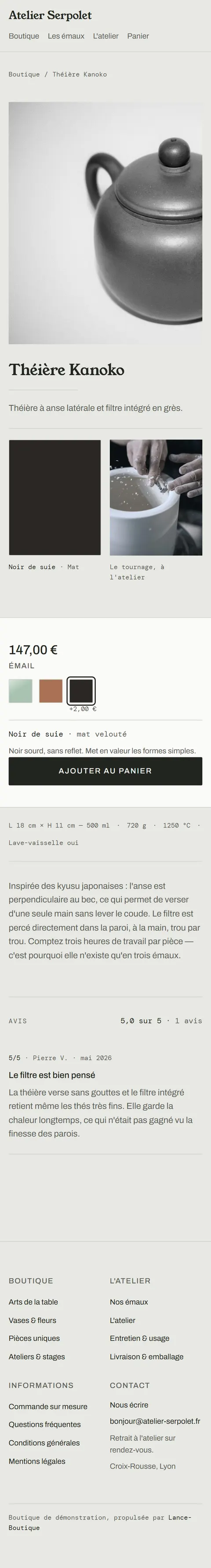 Atelier Serpolet : fiche de la théière Kanoko, avec le choix de l'émail, son prix et un avis client sur mobile