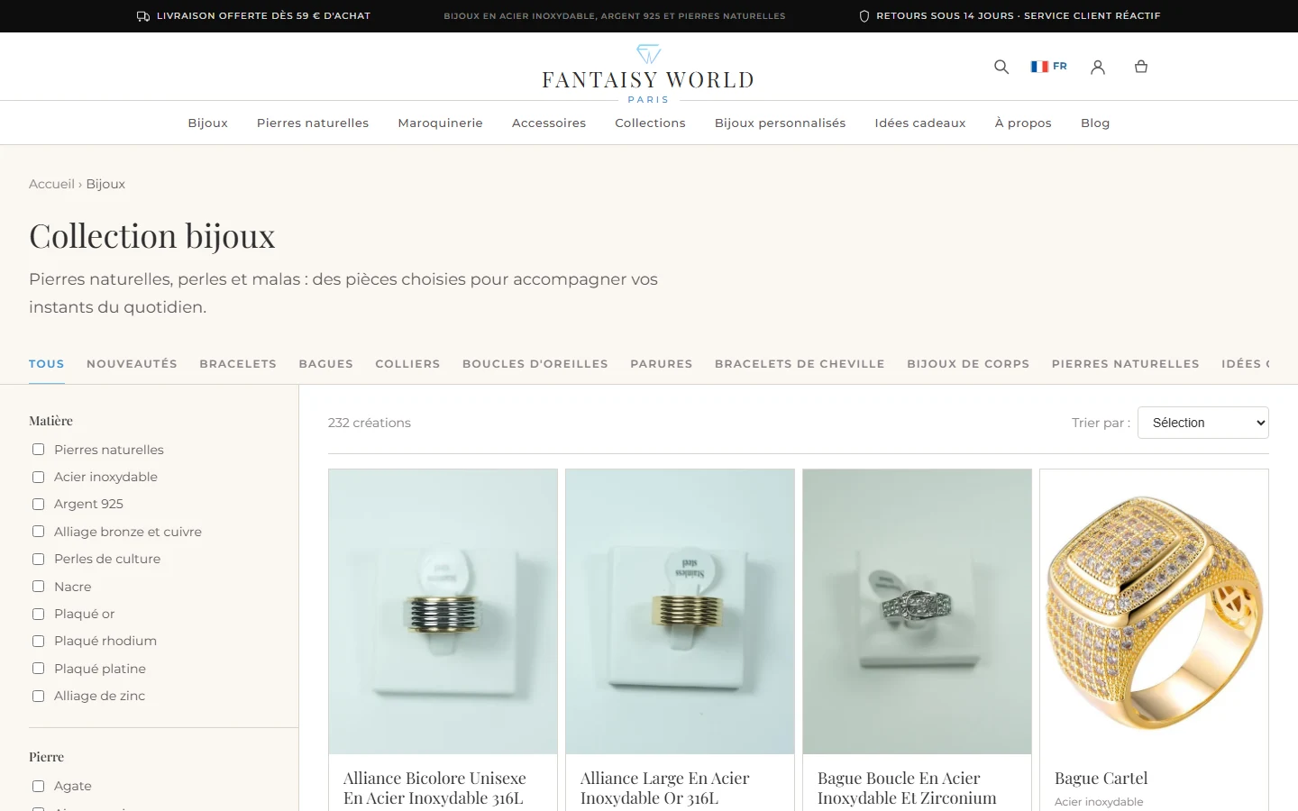 FantaisyWorld : catalogue FantaisyWorld avec ses filtres par matière et par pierre sur ordinateur