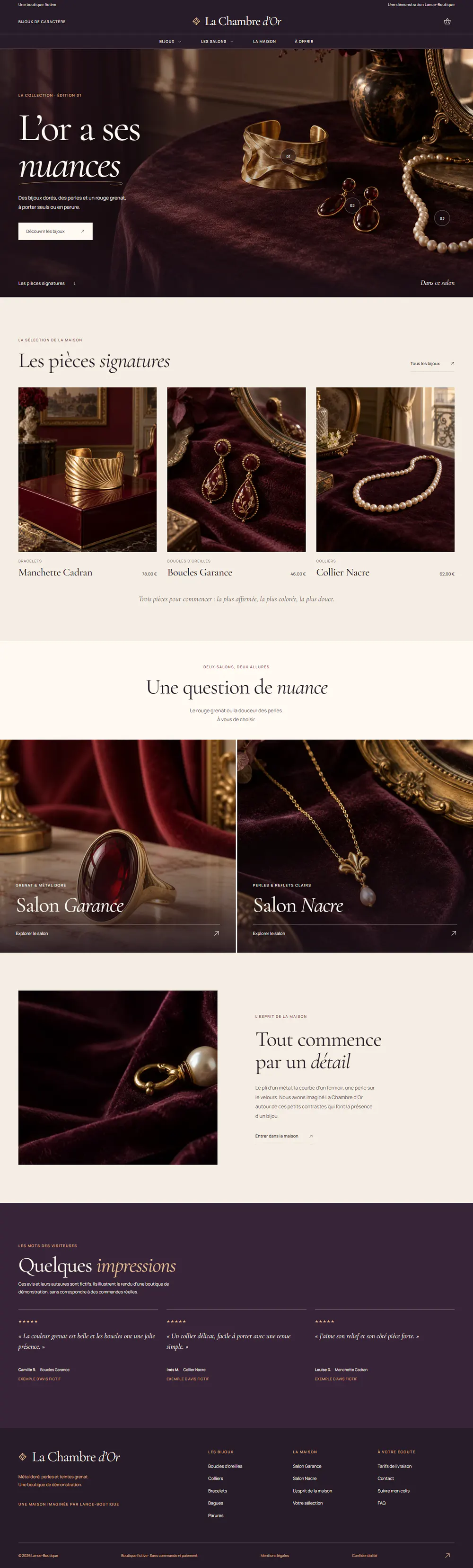 La Chambre d'Or : page d'accueil de la boutique La Chambre d'Or sur ordinateur
