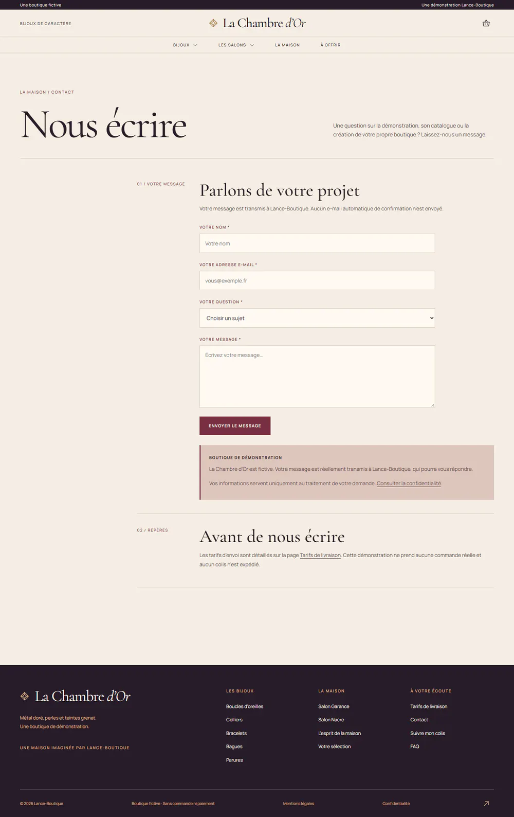 La Chambre d'Or : page de contact, avec un formulaire dont les champs se règlent dans l'admin sur ordinateur