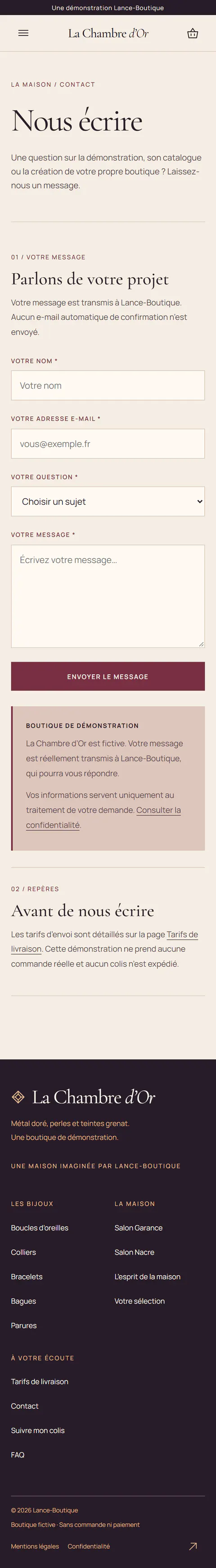 La Chambre d'Or : page de contact, avec un formulaire dont les champs se règlent dans l'admin sur mobile