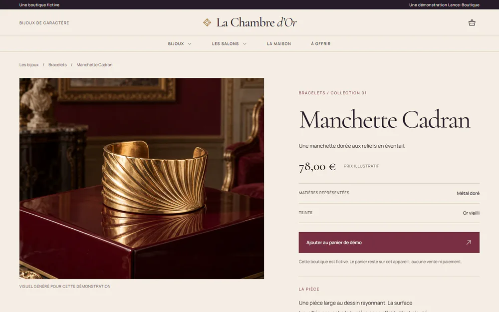 Boutique de démonstration La Chambre d'Or : fiche de la Manchette Cadran, avec sa matière, sa teinte et deux pièces assorties