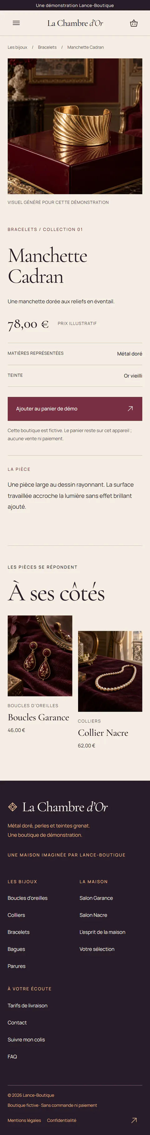 La Chambre d'Or : fiche de la Manchette Cadran, avec sa matière, sa teinte et deux pièces assorties sur mobile