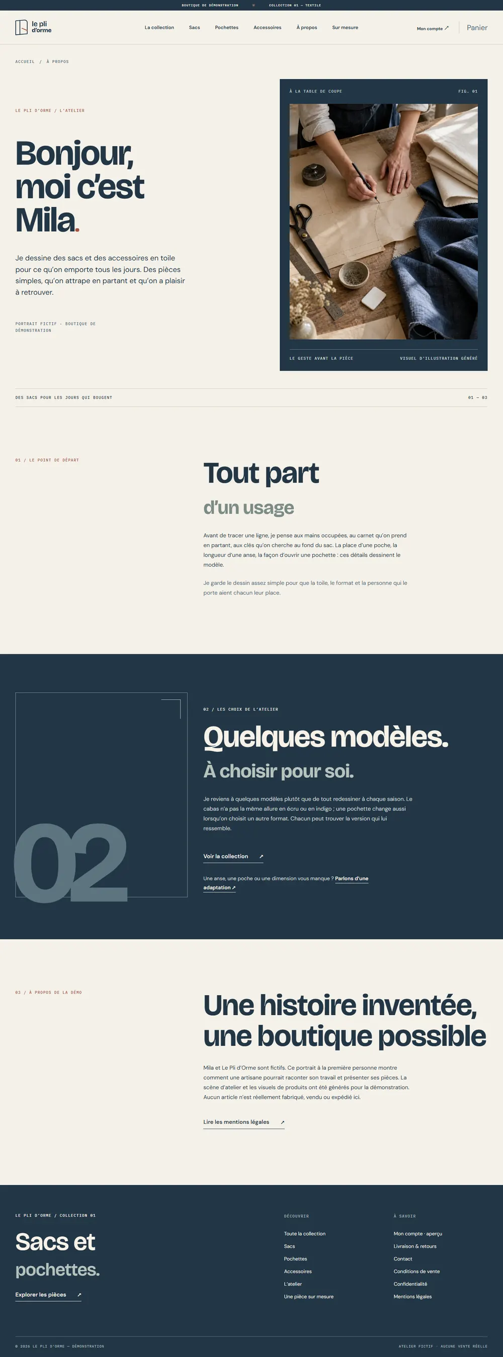 Le Pli d'Orme : page de présentation de l'atelier et de son artisane sur ordinateur