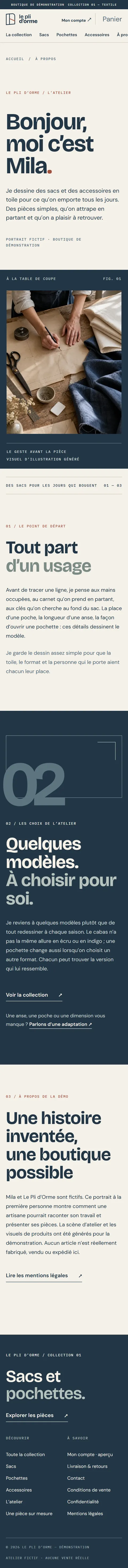 Le Pli d'Orme : page de présentation de l'atelier et de son artisane sur mobile