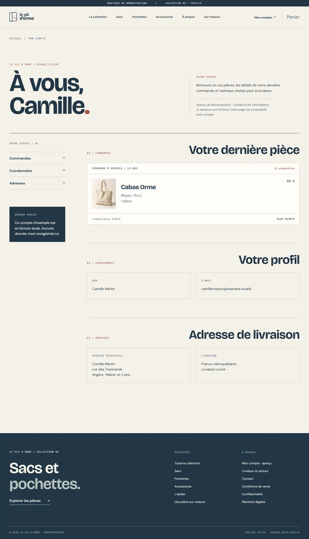 Le Pli d'Orme : espace client d'exemple, avec la dernière commande et l'adresse de livraison sur ordinateur