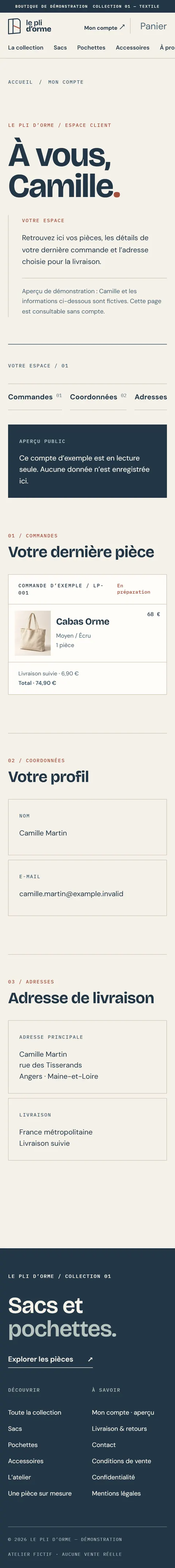 Le Pli d'Orme : espace client d'exemple, avec la dernière commande et l'adresse de livraison sur mobile