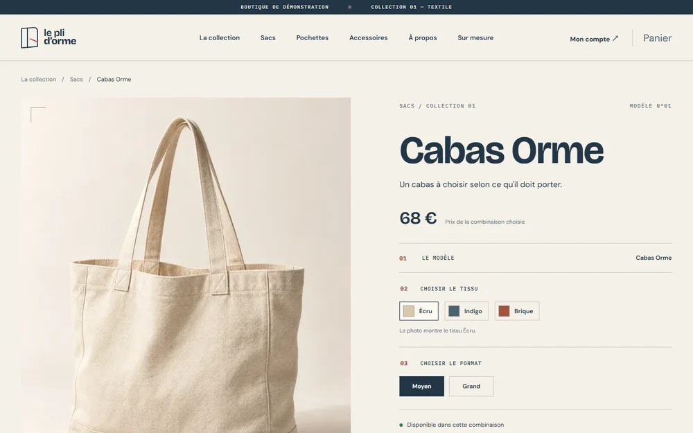 Boutique de démonstration Le Pli d'Orme : fiche du Cabas Orme, avec le choix du tissu et du format et le prix de la combinaison