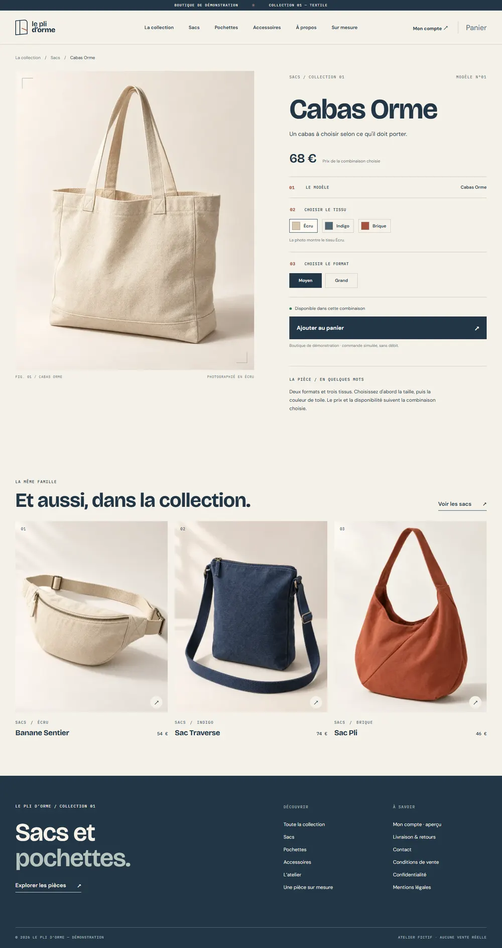 Le Pli d'Orme : fiche du Cabas Orme, avec le choix du tissu et du format et le prix de la combinaison sur ordinateur