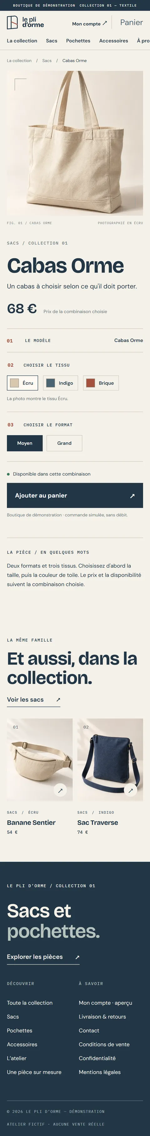Le Pli d'Orme : fiche du Cabas Orme, avec le choix du tissu et du format et le prix de la combinaison sur mobile