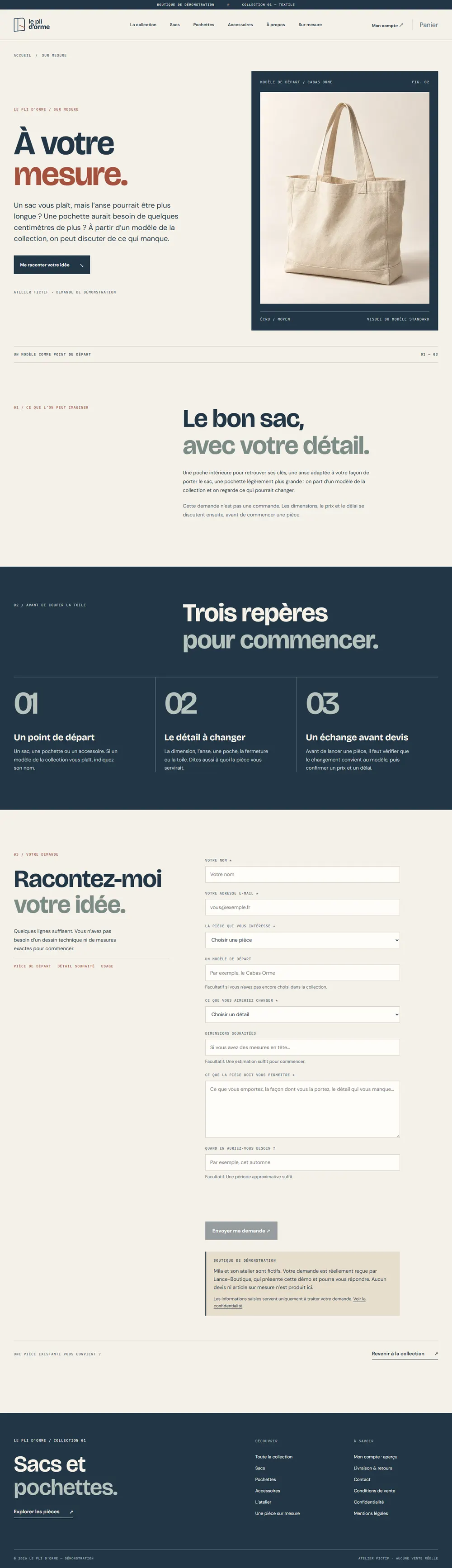 Le Pli d'Orme : formulaire de demande sur mesure, à partir d'un modèle de la collection sur ordinateur