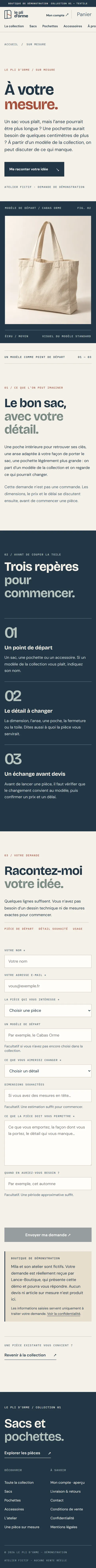Le Pli d'Orme : formulaire de demande sur mesure, à partir d'un modèle de la collection sur mobile