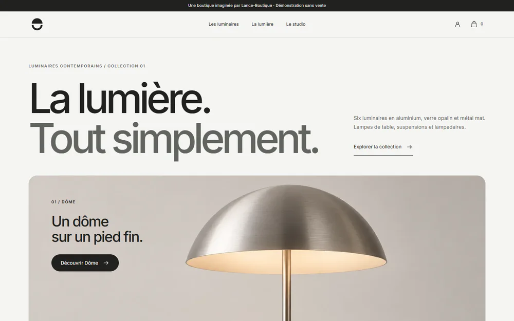 Boutique de démonstration Orméclat : page d'accueil de la boutique Orméclat, avec la simulation de lumière