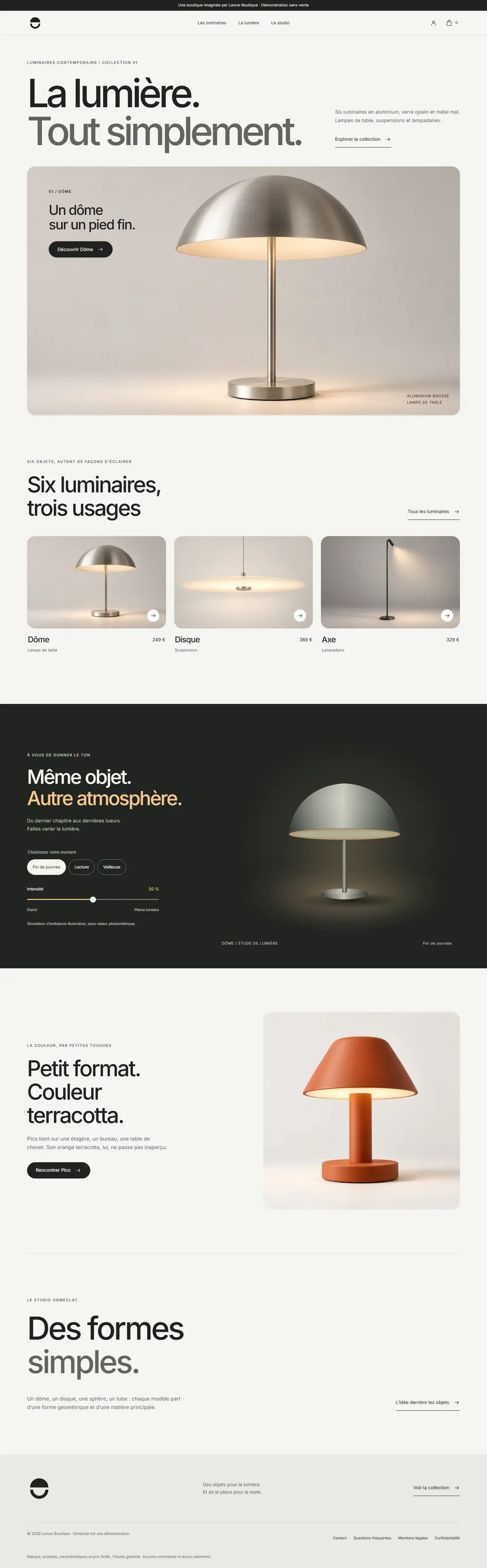 Orméclat : page d'accueil de la boutique Orméclat, avec la simulation de lumière sur ordinateur