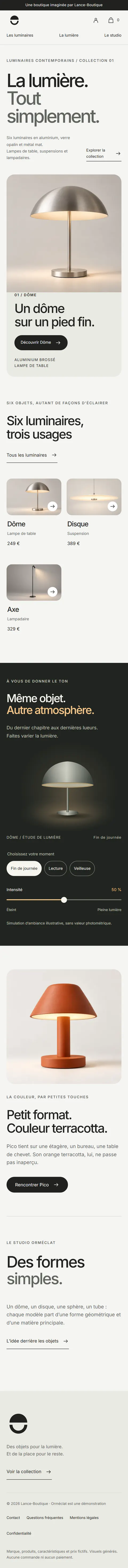 Orméclat : page d'accueil de la boutique Orméclat, avec la simulation de lumière sur mobile