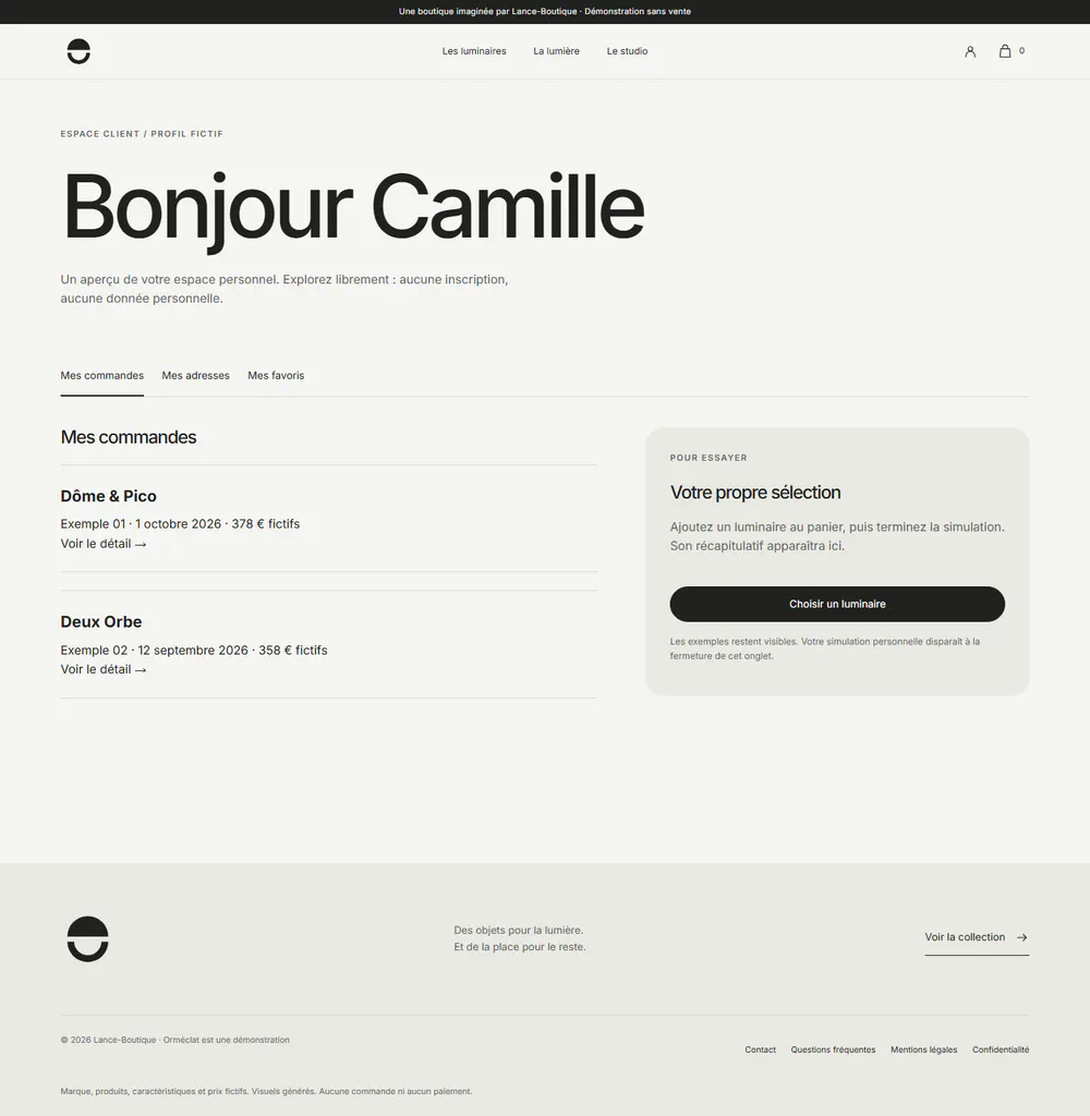 Orméclat : espace client d'exemple, avec les commandes passées et l'accès aux favoris sur ordinateur