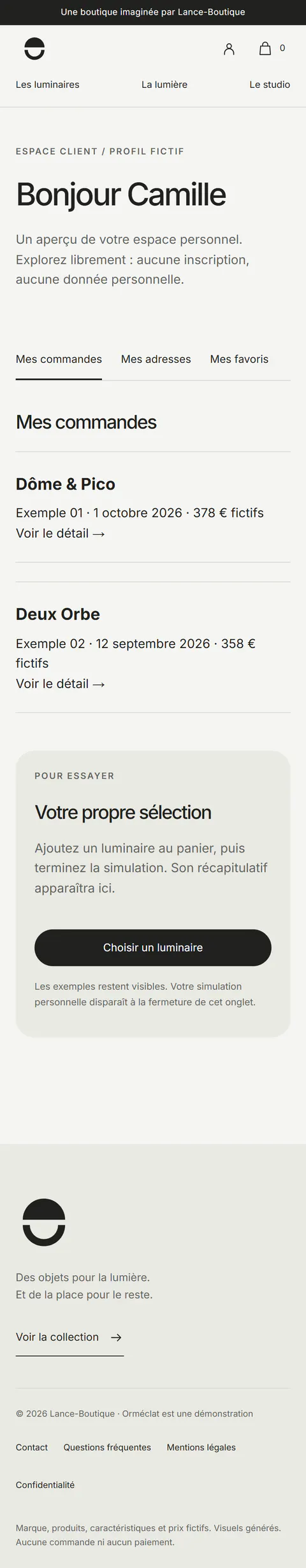 Orméclat : espace client d'exemple, avec les commandes passées et l'accès aux favoris sur mobile