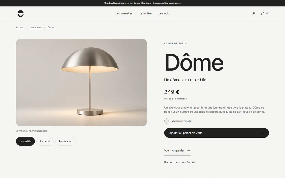 Boutique de démonstration Orméclat : fiche de la lampe Dôme, avec sa galerie, ses dimensions et sa température de lumière