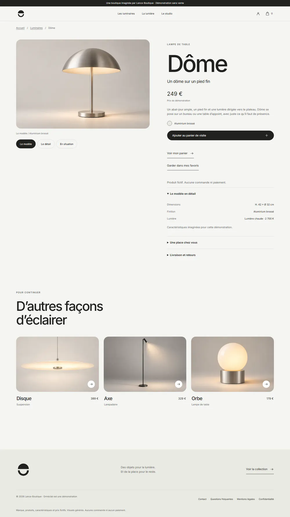 Orméclat : fiche de la lampe Dôme, avec sa galerie, ses dimensions et sa température de lumière sur ordinateur