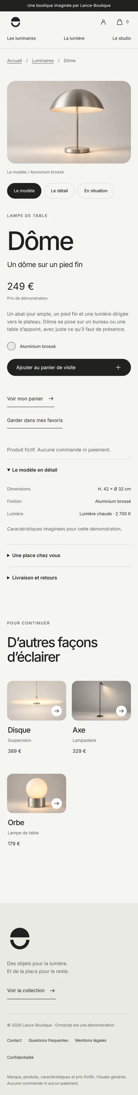 Orméclat : fiche de la lampe Dôme, avec sa galerie, ses dimensions et sa température de lumière sur mobile
