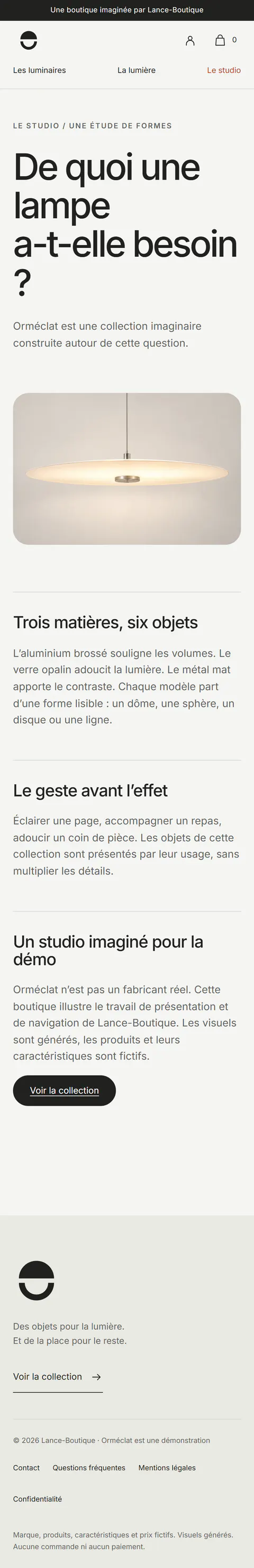 Orméclat : page de présentation du studio et de ses trois matières sur mobile